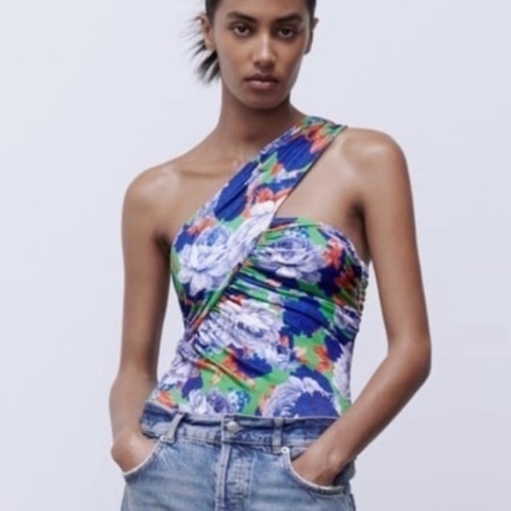 Zara One Shoulder Floral Multicolor Asymmetrical Bodysuit Sz M